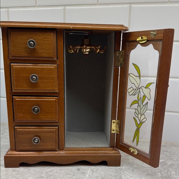 Vintage Wooden Jewelry Box 4 drawer, carousel with glass door Floral Design - Picture 2 of 11